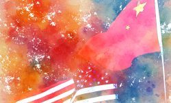 Drapeaux rouges de la Chine et des États-Unis agités, fond aquarelle représentant les relations internationales et la diplomatie mondiale, en lien avec la cybersécurité et l'analyse géopolitique de Red Team Analysis Society.