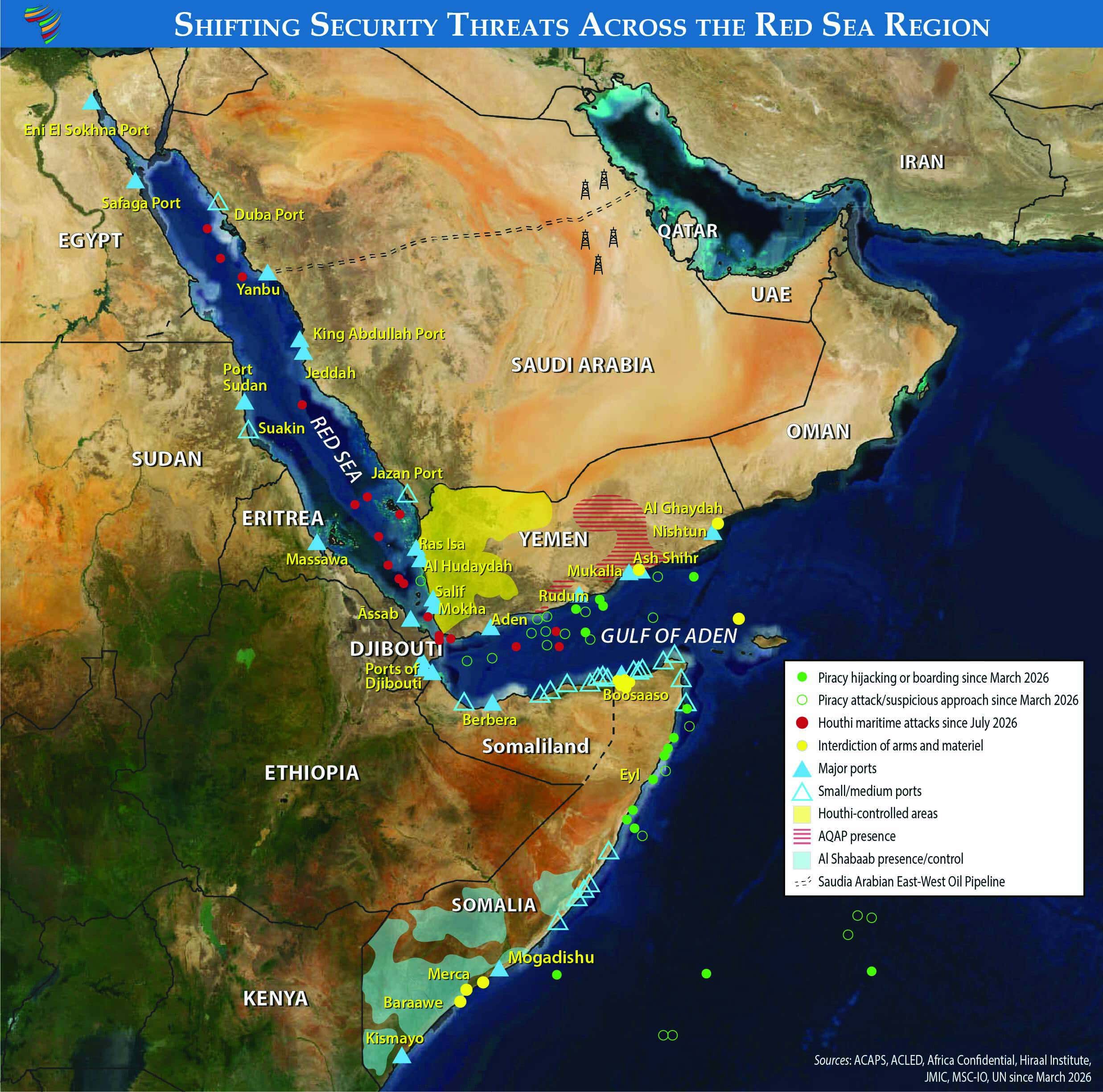 Map of the 2026 Houthis related security threats to the Red Sea (updated 22 Sept. 26) by the Africa Center for Strategic Studies, Public Domain.