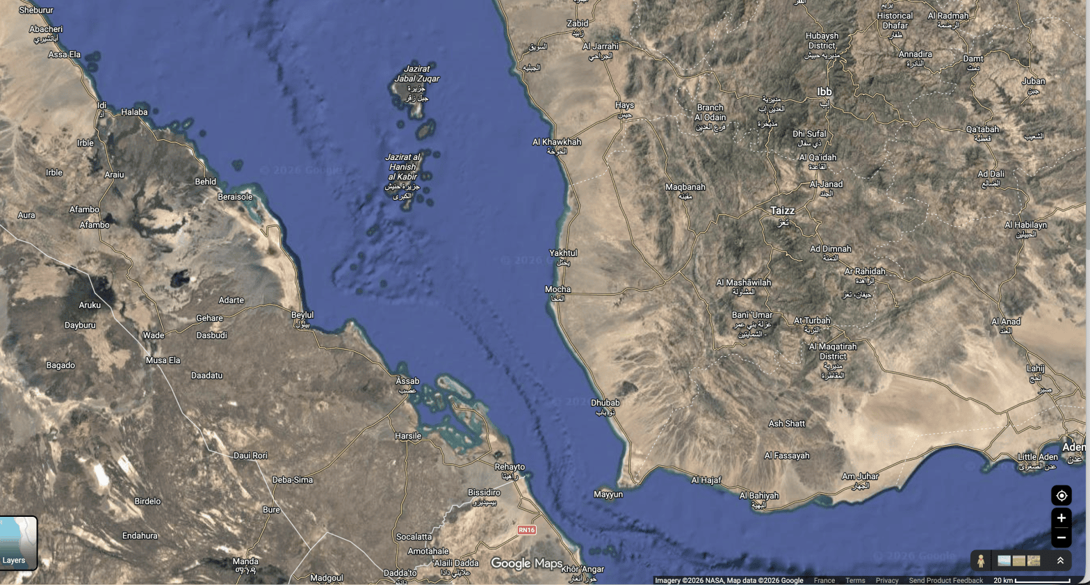 Google map focused on Hanish Islands and Mayyun (Perim) Island, taken by the Houthi forces on 11 September 2026.