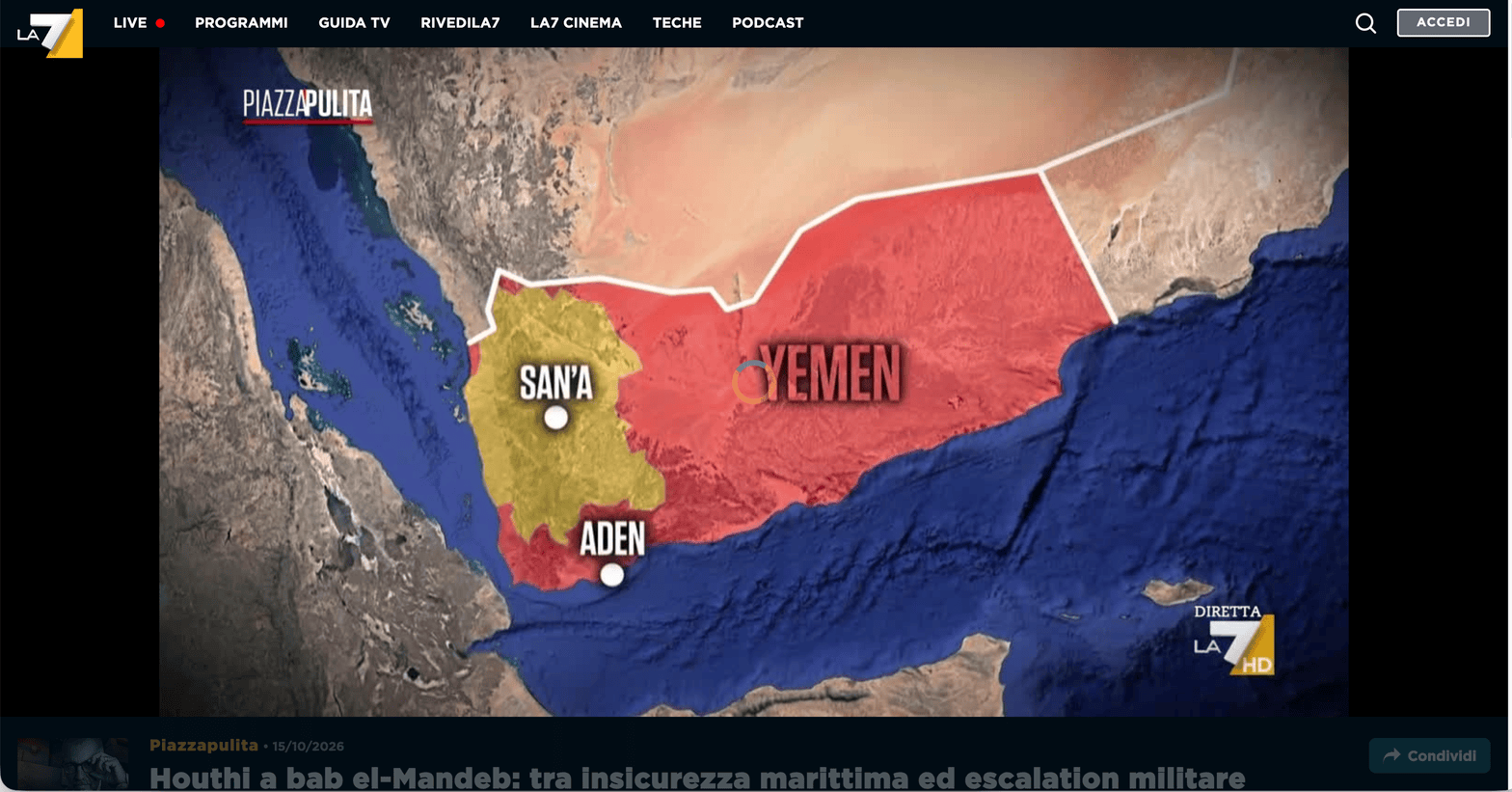 opening screen for a Piazzapulita program focusing on the Houthis and Bab el-Mandeb. Piazzapulita is the current affairs programme broadcast by Italian television channel LA7